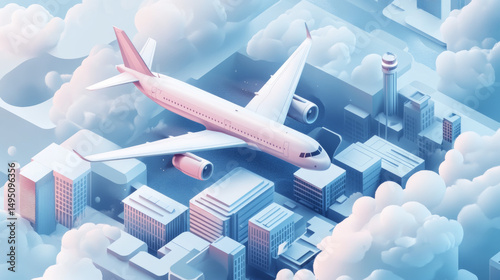 Isometric vector image of a plane soaring through clouds, symbolizing travel services such as booking platforms and air transportation promotions