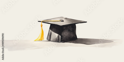 Artistic watercolor illustration of a graduation mortarboard with yellow tassel on off-white background