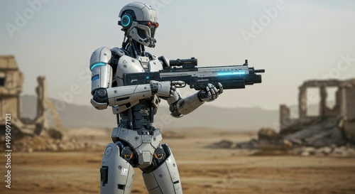 Robotic soldier, advanced weaponry, desolate, ruined landscape