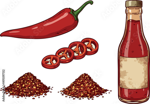 Red chili pepper with hot sauce bottle and crushed chili spice vector illustration 