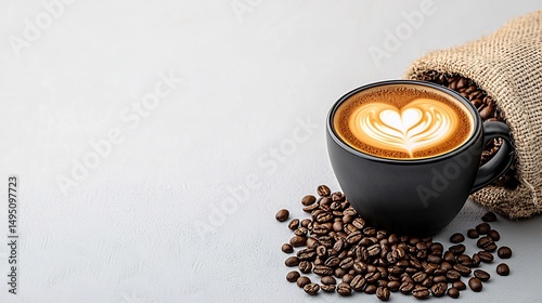 Latte art in a black mug with coffee beans