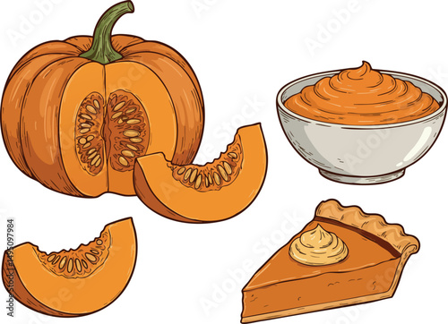 Pumpkin whole slices puree and pie slice vector illustration for autumn cooking and baking 