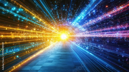 Dynamic, glowing tunnel of light and particles.