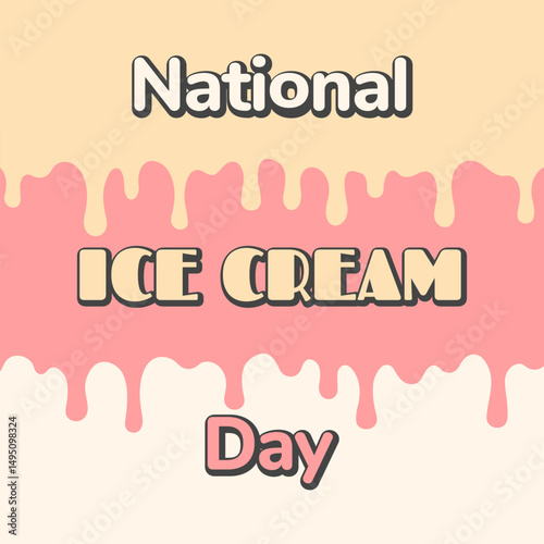 Square background with hand drawn layers of drops of ice cream, strawberry, glaze, topping, vanilla, creme brulee, caramel flavor. Ice cream day. Long drop, dripping drip from dessert, gelato. EPS10