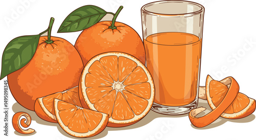 Orange fruit with glass of fresh juice and slices vector illustration natural colors 
