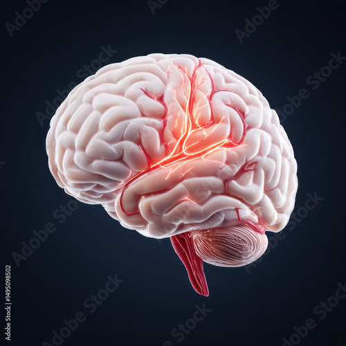 Human brain with highlighted blood vessels and nerves, detailed 3D medical illustration showing anatomy and structure in glowing effect