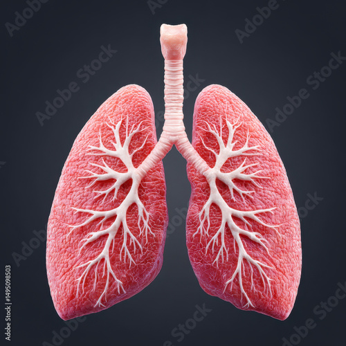 Human lung anatomy with bronchial tree and trachea, detailed medical illustration showing respiratory system structure clearly