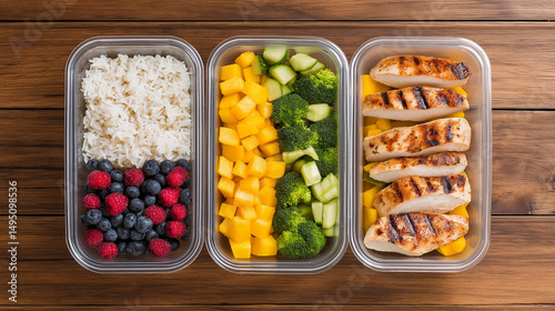 Healthy meal prep containers featuring grilled chicken rice berries and fresh vegetables for lunch
