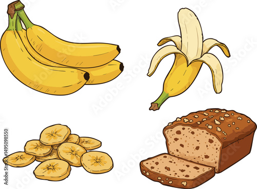 Banana fruit with peeled banana, banana slices, and banana bread vector illustration 