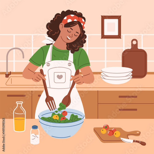 A pretty young African American woman is preparing a salad in the kitchen. A woman mixes fresh vegetables in a bowl. Home life. Vector illustration in the flat style