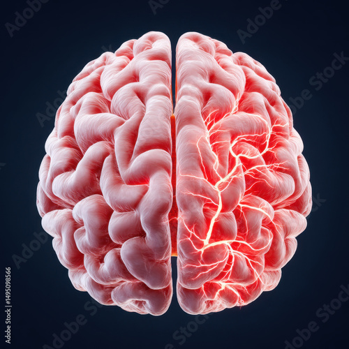 Human brain with highlighted neural network and electric impulses, detailed 3D medical illustration showing brain activity and structure