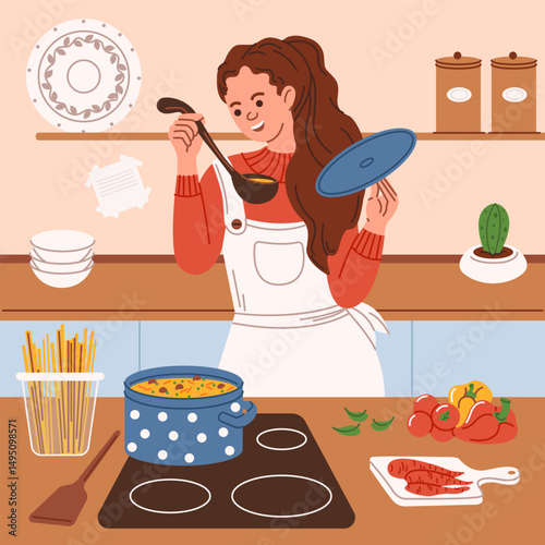 A young woman cooks soup in her kitchen at home. Home life, cooking dinner. Vector illustration in the flat style