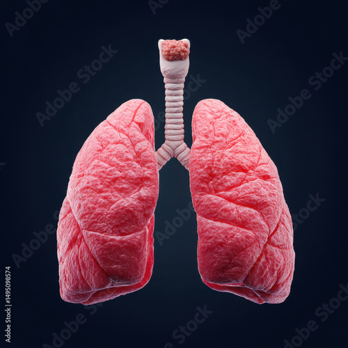 Human lungs with trachea and larynx detailed 3D medical illustration showing respiratory system anatomy in pink color