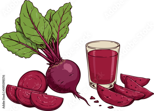 Beetroot vegetable with leaves sliced pieces and glass of fresh juice vector illustration 