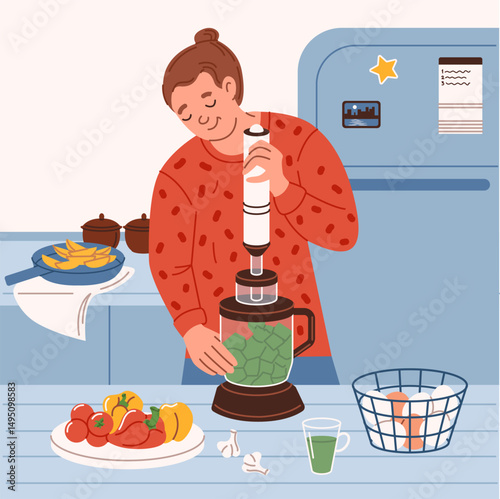 A man cooks in the kitchen, mixing fresh vegetables and vitamins in a blender.  Home life, cooking breakfast or dinner. Vector illustration in the flat style