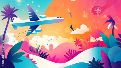 Social media template for holiday travel ads, showcasing abstract backgrounds and branding elements like logos and tourism symbols, tailored for digital marketing