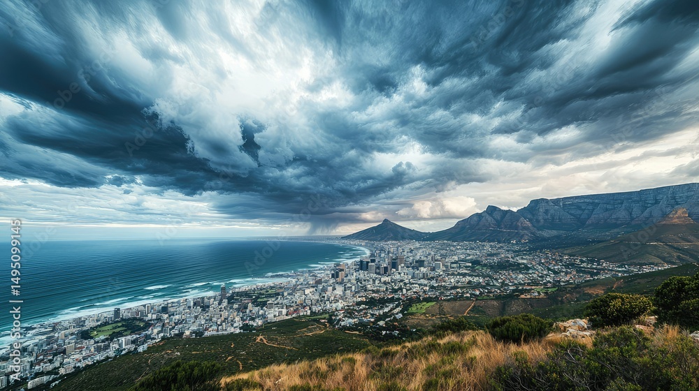 Obraz premium sweeping panoramic scene of Cape Town's urban landscape, with the coast and mountains in the distance, all under a dramatic, cloudy sky.