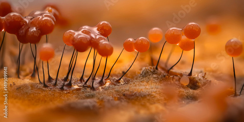 Slime molds. The smallest mushrooms in the world. Mysterious creatures of nature. Nature background. 