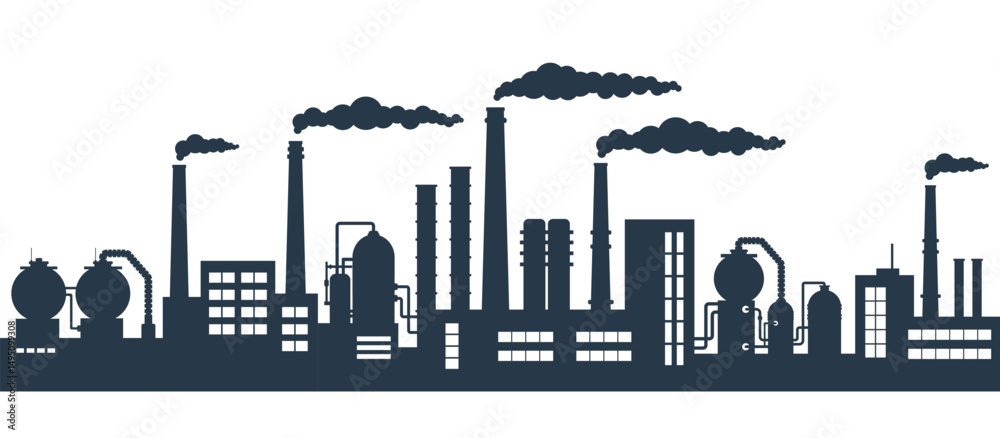 Fototapeta premium Industrial factories silhouette. Oil refinery complex with pipes and tanks gas production rigs.