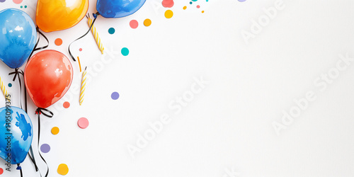 Colorful balloons confetti and birthday candles on a bright white background for celebration
