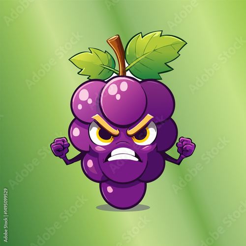 Angry Grape Mascot: A cartoon illustration of an angry grape mascot, showcasing its intense expression and vibrant purple hue on a green gradient background.
