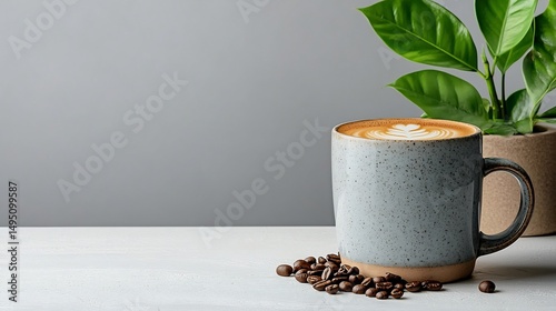 Light grey mug with latte art on a white surface with coffee beans and a plant