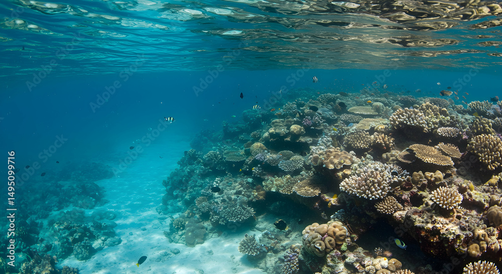 Fototapeta premium Vibrant Coral Reef Underwater Landscape with Clear Blue Water