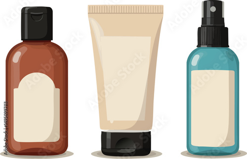 Cosmetic skincare bottles set with lotion tube and spray container vector illustration 