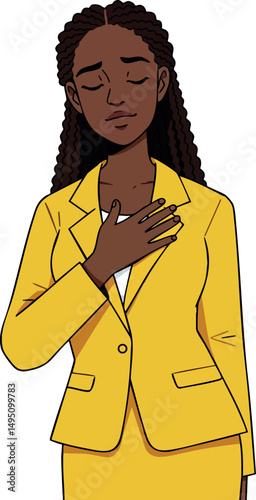 Woman in yellow suit with hand on chest expressing calmness and gratitude vector illustration 