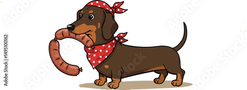Dachshund dog wearing red bandana holding sausage in mouth vector illustration 