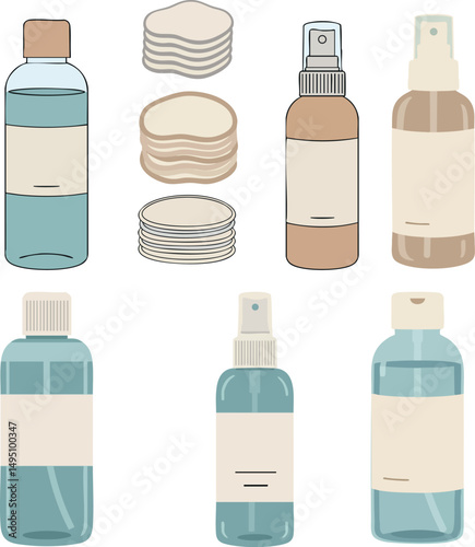 Skincare bottles and cotton pads set for beauty routine vector illustration 