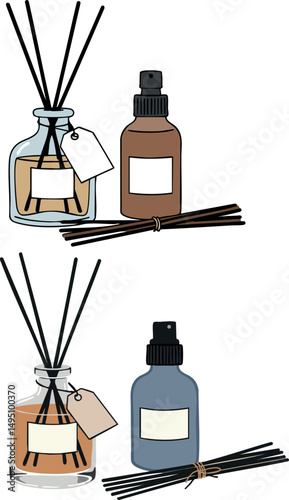 Aromatic reed diffuser and spray bottle with sticks for home fragrance vector illustration 