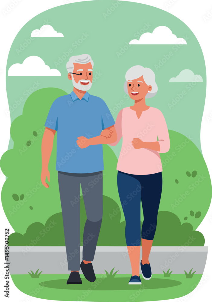 Elderly couple walking outdoors in park enjoying sunny day active lifestyle vector illustration Elderly couple walking outdoors in park enjoying sunny day active lifestyle vector illustration