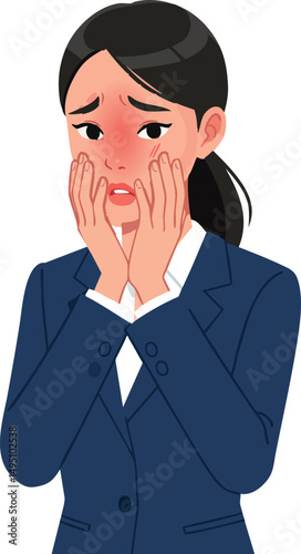 Worried businesswoman in navy suit expressing anxiety and concern vector illustration 