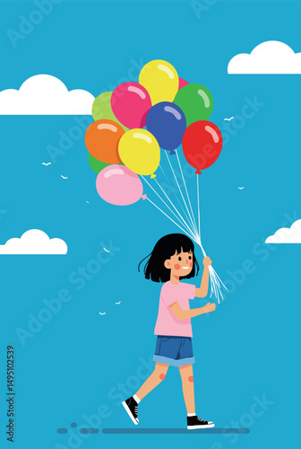 Girl holding colorful balloons walking under blue sky with clouds vector illustration 