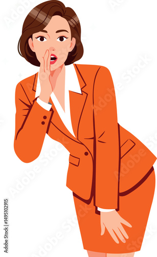 Businesswoman in orange suit whispering a secret vector illustration portrait style 