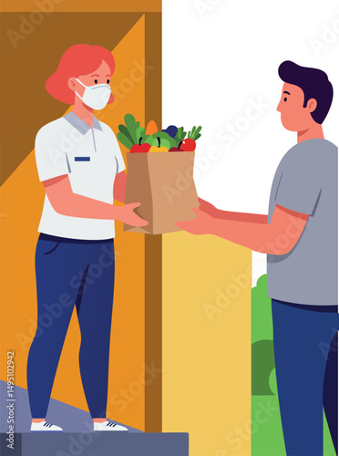 Woman delivering groceries to man doorstep wearing face mask vector illustration 