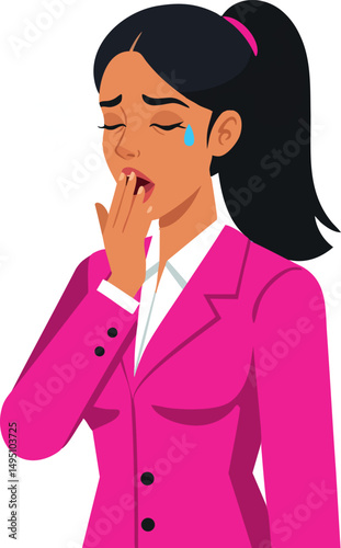Young woman in pink suit yawning and crying showing tiredness and sadness vector illustration 