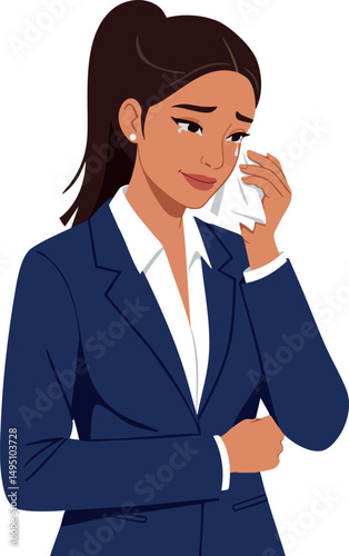 Businesswoman in navy suit wiping tears with tissue showing sadness and stress vector illustration 