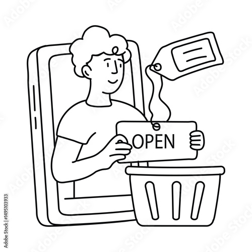 Shop open  vector outline illustrations. EPS 10 file