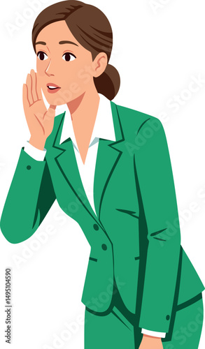Businesswoman in green suit whispering secret communication vector illustration 