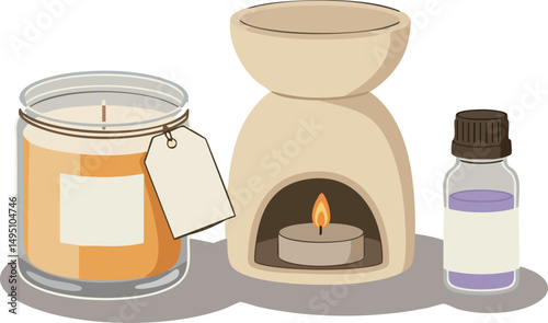Aromatherapy candle oil burner and essential oil bottle natural wellness vector illustration 