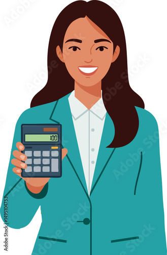 Businesswoman holding calculator smiling in teal blazer and white shirt vector illustration 