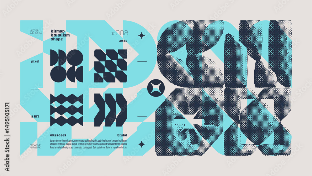 Dithering bitmap abstract vector color background with Postmodern geometric graphic brutalism shapes, Y2K bold vector pixelated modernism artwork banner inspiration by retro 8-bit aesthetic, cyan 8