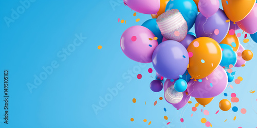 Colorful balloons with confetti ascending against a vibrant blue sky background