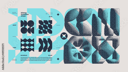Dithering bitmap abstract vector color background with Postmodern geometric graphic brutalism shapes, Y2K bold vector pixelated modernism artwork banner inspiration by retro 8-bit aesthetic, cyan 8