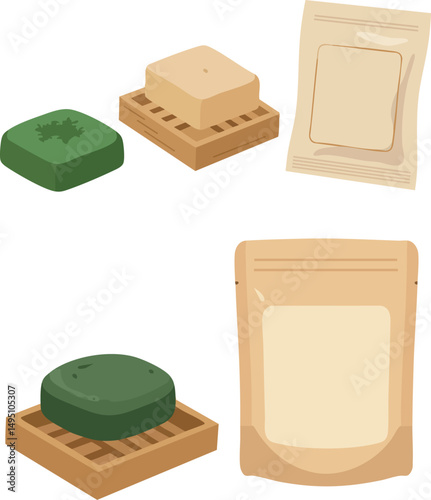 Natural green soap bars with wooden soap dishes and beige packaging vector illustration 