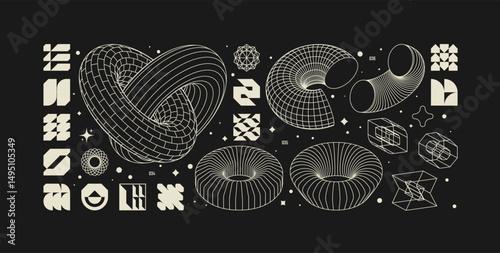 Vector graphic assets kit acid style, Postmodern abstract geometric shapes with wireframe elements of different forms, Y2K trendy design in brutalism aesthetic, template symbols set 12