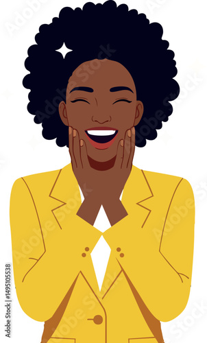 Smiling African American Woman in Yellow Blazer Expressing Joy and Happiness Vector Illustration 