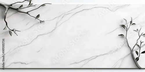 Elegant white marble background featuring minimalist branch decoration with leaves
